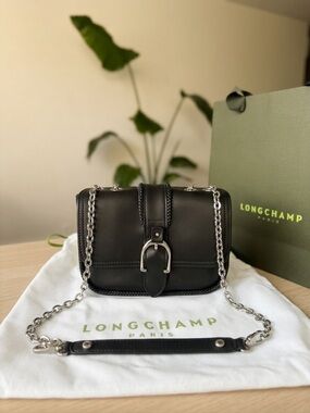 BRAND NEW! Longchamp Black Leather Crossbody with Silver Chain